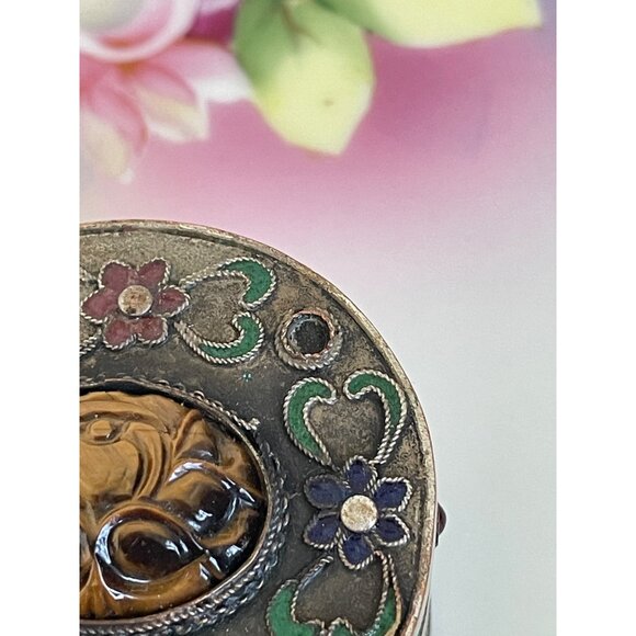 Antique Chinese Trinket Box Enamel Flowers Carved Tigers Eye Flower - Picture 8 of 14
